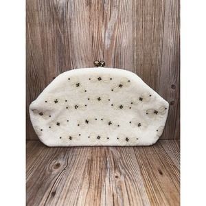 Vintage JOSEF Beaded Ivory Colored Purse With Peach Off white Colored Flowers